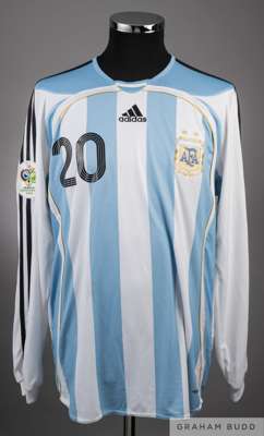 Julio Cruz blue & white striped Argentina No.20 FIFA 2006 World Cup shirt,
 Adidas, long-sleeved, FIFA 2006 World Cup badge to right sleeve, the rever