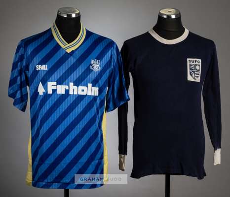 Two Southend United jersey's, season's 1968-69 and 1989-90,
 comprising Bukta navy and white no.7 long-sleeved jersey, with SUFC printed badge, revers