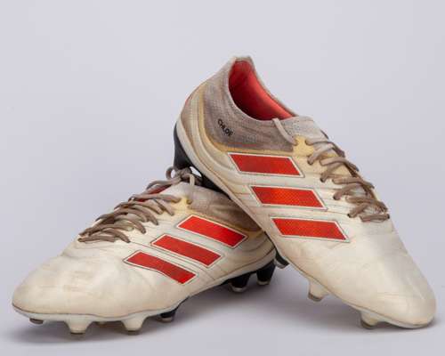 Jordi Alba off-white and orange Adidas Copa Pure match worn football boots, November 2018