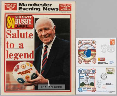 FOOTBALL - Sir Matt Busby 80th birthday newspaper and 80th birthday FDC both in very good condition, 
 with a Ltd edition First Day Cover for the Manc