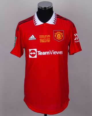 Lisandro Martinez red No.6 Manchester United v. Newcastle United League Cup Final shirt, 2023