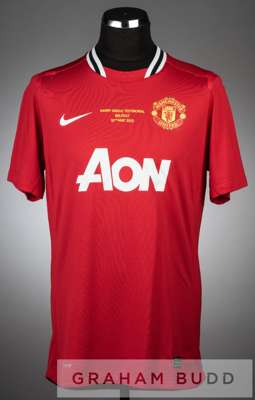 Phil Jones white and red Manchester United no.4 home jersey for the Harry Gregg Testimonial v Irish League Select XI at Belfast, 15th May 2012,
 short