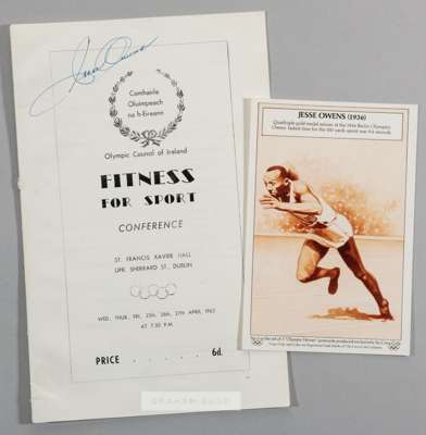 Jesse Owens signed Olympic Council of Ireland Fitness for Sport Conference booklet,
 held in Dublin from 25th to 27th April 1962, eight-page booklet, 