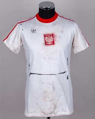 Eoin Hand - Pawel Janas white and red No.5 Poland short-sleeved shirt, 1981