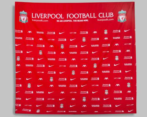 Large Liverpool FC sponsor/partners backdrop used in the Press Conference Room