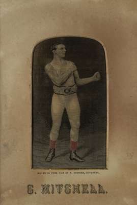 A Victorian silk Stevengraph of boxer Charley Mitchell, 
 the reverse giving detail of Mitchell's career, 4 by 2.12in., framed

All glass will be remo