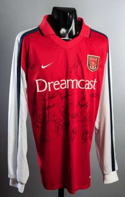 Arsenal 2001-02 replica home jersey signed by 'double-winners', 19 signatures in black marker pen including Henry, Dixon, Bergkamp, Seaman, Wiltord, I