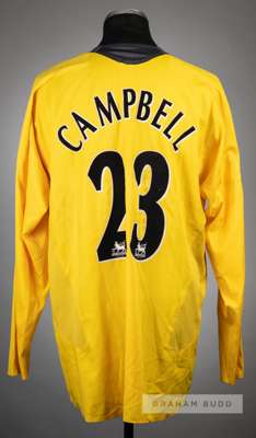 Sol Campbell yellow Arsenal no.23 away jersey, season 2005-06,
 Nike, long-sleeved with BARCLAYS PREMIERSHIP sleeve badges, club crest and sponsor log