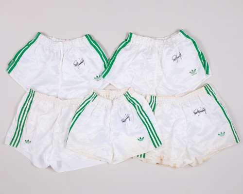 Pat Jennings five pairs of white and green autographed Northern Ireland worn shorts