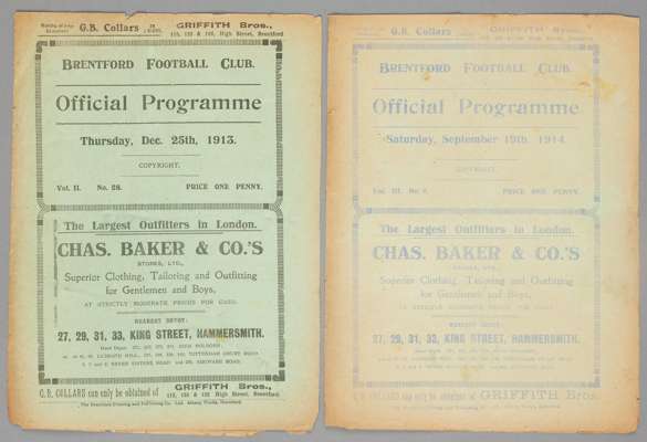 Two Brentford home programmes, 

Southern F.L. Division Two fixtures v Croydon Common 25th December 1913 and Leyton 19th September 1914, (2), fragile,