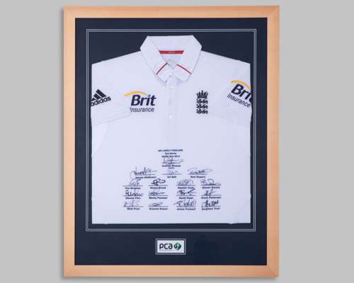 White England v. Sri Lanka Test Series Winter Tour 2012 autographed cricket shirt display