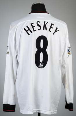 Emile Heskey white Liverpool no.8 away jersey, season 2003-04,
 Reebok, long-sleeved with BARCLAYCARD PREMIERSHIP sleeve badges, club crest and sponso