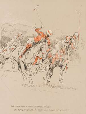 A group of four artworks featuring polo, i) a print titled ''Let other people play at other things, the King of Games is still the Game of Kings'' ii)