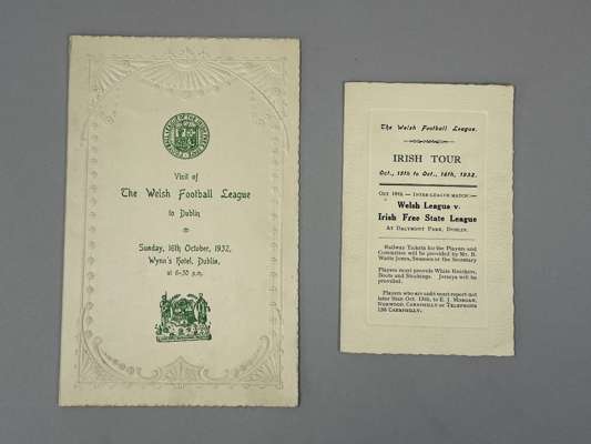 Football League of the Irish Free State visit of the Welsh Football League menu card, 16/10/32 at Wynn's Hotel, Dublin 
 and a Welsh Football League v