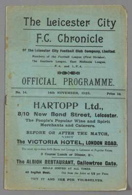 Leicester City v Sunderland programme 14th November 1925, F.L. Division One