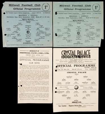 A collection of 95 Arsenal football programmes 1943-1958, 81 homes, 14 aways, including 26 wartime home single-sheets, all punch-holed, and 12 away si