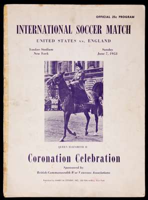 USA v England soccer programme played at Yankee Stadium, New York, 7th June 1953, marked along spine due to a previous tape repair