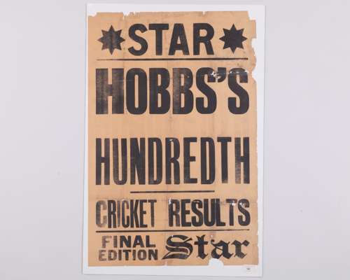 "The Star", Hobb's Hundredth, Cricket Results newspaper advertising poster