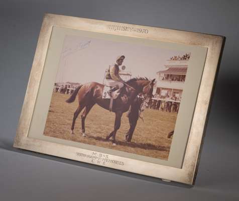 A signed Lester Piggott presentation photograph in silver Asprey frame, 
 the frame inscribed NIJINSKY - 1970, M. B-S WITH HAPPY MEMORIES C.W.E., 9.34