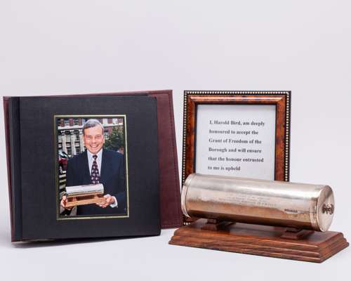Dickie Bird Honorary Freeman of Barnsley award scroll certificate and silver case