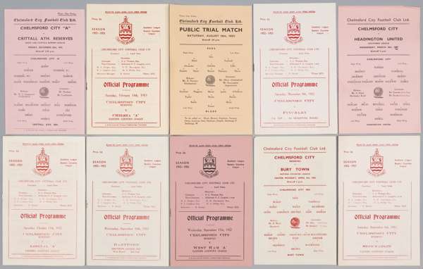 Chelmsford FC home programmes, season 1952-53, 
 covering first team and reserves playing in Southern League Eastern Counties, including Reds v Blues 
