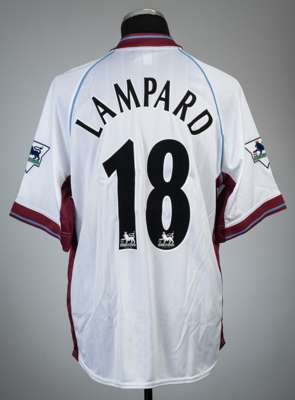 Frank Lampard white West Ham United no.18 away jersey, season 1998-99,
 Pony, short-sleeved with THE FA PREMIER LEAGUE sleeve badges, club crest and s