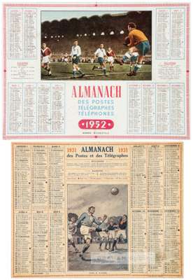 Two French Football Almanach des Postes et des Telegraphes calendars, 
 comprising 1931 and 1952, each featuring a coloured football action image surr