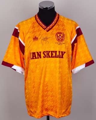 Iain Ferguson amber and claret No.9 Motherwell match issued Scottish Cup semi-final shirt