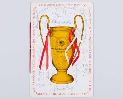 An autographed Manchester United 1968 European Cup Final celebration banquet menu