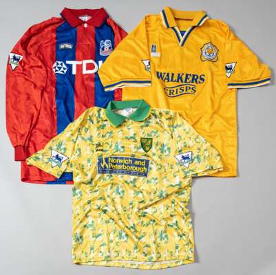 Three Premier League match jerseys,
 comprising Simon Osbourne red and blue striped Crystal Palace no.9 home jersey; Deryn Brace yellow and green Norw