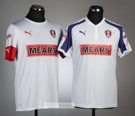 Two signed Rotherham United jerseys, season's 2017-18 and 2019-20,
 comprising Ryan William signed white and purple no.23 away short-sleeved jersey, w