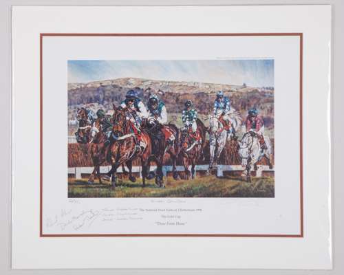 Robert Alner, Dido Harding and Andrew Thornton signed 1998 Gold Cup print by David Dent