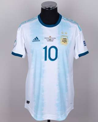 Lionel Messi blue and white No.10 Argentina v. Colombia Copa America match issued shirt, 2019