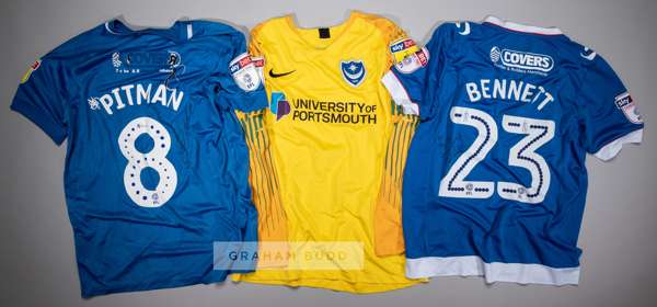 Three signed Portsmouth FC jerseys,
 comprising Alex Bass signed yellow and orange no.35 goalkeeper's away jersey, season 2019-20, long-sleeved with S