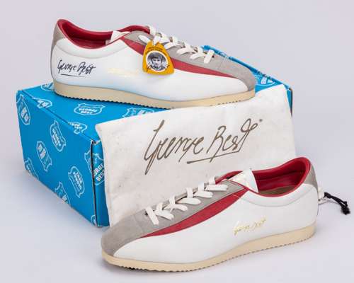 George Best autographed white, grey and red Ben Sherman George Best trainers