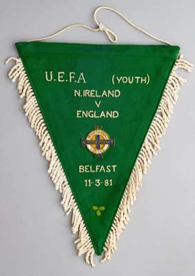 A Northern Ireland pennant issued for the UEFA U-18 championship match v England, played in Belfast, 11th March 1981,
 embroidered with crest and insc
