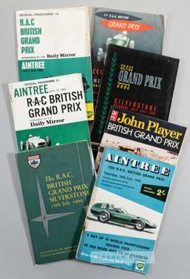 Seven British Grand Prix programmes, held at Brands Hatch, Silverstone, Aintree, dating from 1956 to 1962 and 1978, lacking 1957, sold with further Si