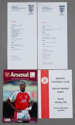Menu card ephemera relating to Arsenal FC dating from 1983 to 2006,
 comprising Arsenal FC "An evening of dinner boxing and dancing" at Whitbreads Por