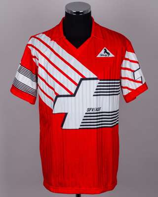 John Byrne - Red and white No.19 Switzerland v. Republic of Ireland short-sleeved shirt, 1992
