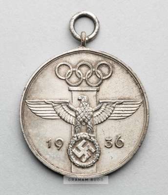 1936 Berlin Olympic Games Commemorative Merit medal,
 white metal, obverse with Olympic rings, spread eagle and 1936, reverse with legend translation 