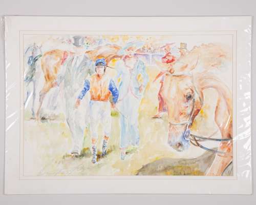 A watercolour of a Royal Ascot paddock scene
