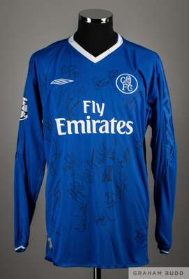 Juan Sebastian Veron blue and white No.20 Chelsea Champions League long-sleeved shirt, 2003-04, 
 Umbro, L, with v-neck collar and embroidered cloth b