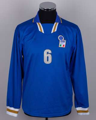 Blue No.6 Italy v. England Under-21 match worn long-sleeved shirt, 1997
