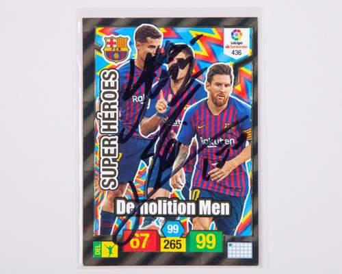 Lionel Messi and Luis Suarez autographed Barcelona Panini No.436 Adrenalyn XL trading card
