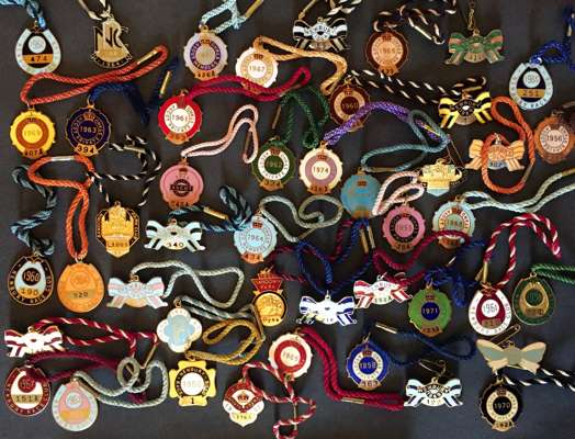A collection of 45 enamelled members horse Racing badges, all with original rope strings or pins attached, comprising: Ascot, 1951, 1952, 1955, 1956, 