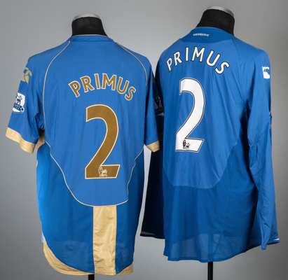 Linvoy Primus team signed blue Portsmouth no.2 home jersey, season 2009-10,
 Canterbury, long-sleeved with BARCLAYS PREMIER LEAGUE sleeve badges, club