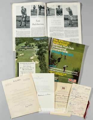 Selection of golfing books and ephemera from the collection of the golfer Tom Haliburton,
 comprising signed South Herts golf club dinner menu for DJ 