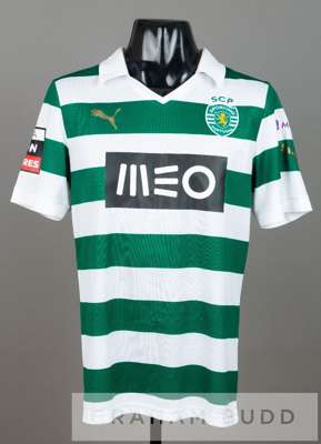 Wallyson Mallmann green and white striped Sporting Lisbon no.42 home jersey, season 2013-14,
 short-sleeved with LIGA ZON SAGRES sleeve badge, club cr