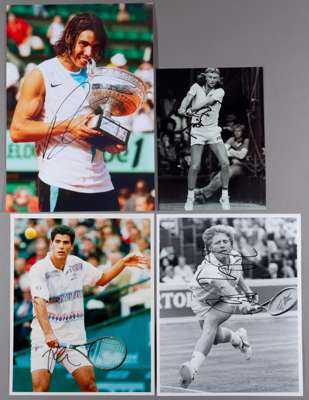 Signed photographs of male tennis stars and legends, 
 including P Sampras, R Nadal, B Borg, B Becker, P Cash (2), A Murray, G Rusedski (2), T Henman 