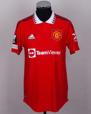 Marcus Rashford red and white No.10 Manchester United Europa League shirt, 2022-23